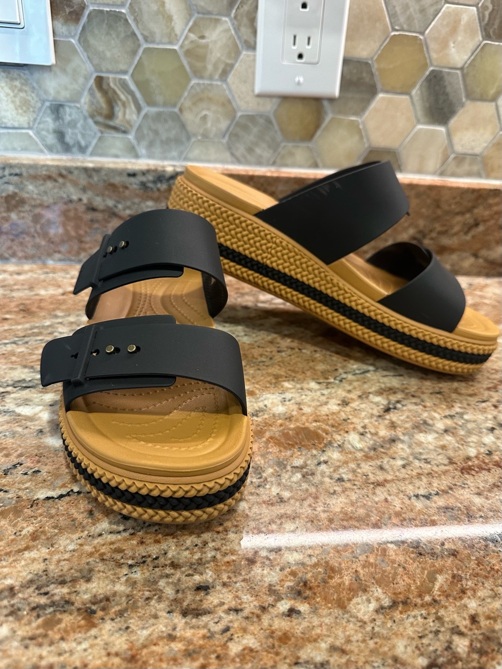 Crocs Lite Ride Black and Tan Platform Slide Sandals